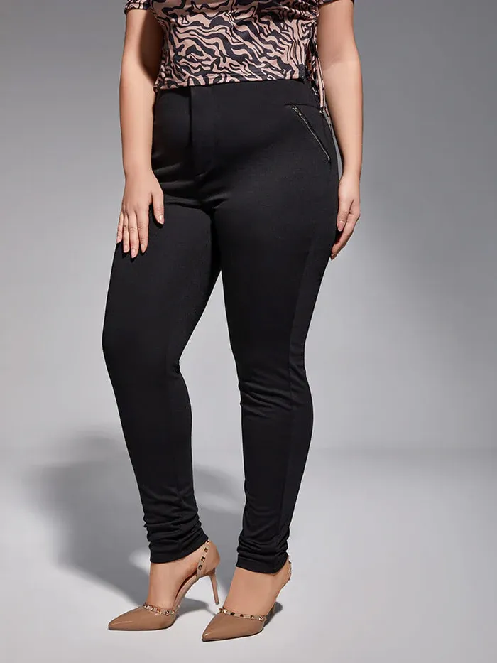 Plus Black Zipper Elastic Waist Skinny Pants