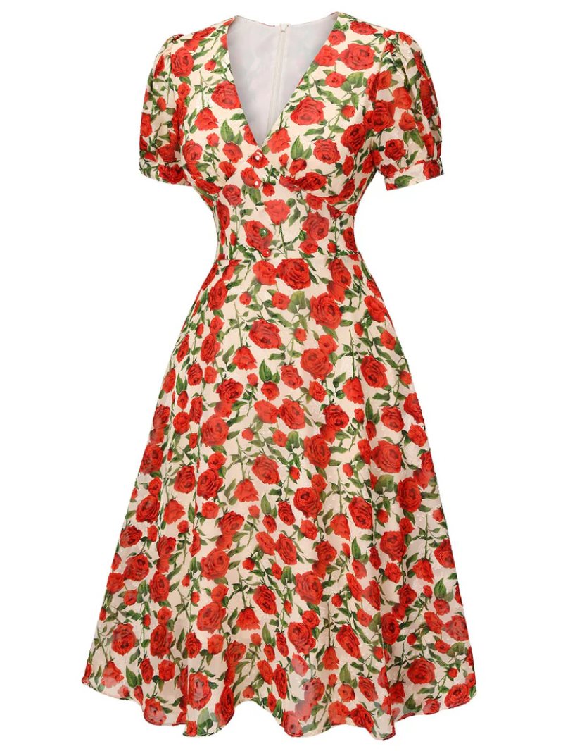 RED 1940S ROSE V-NECK SWING DRESS