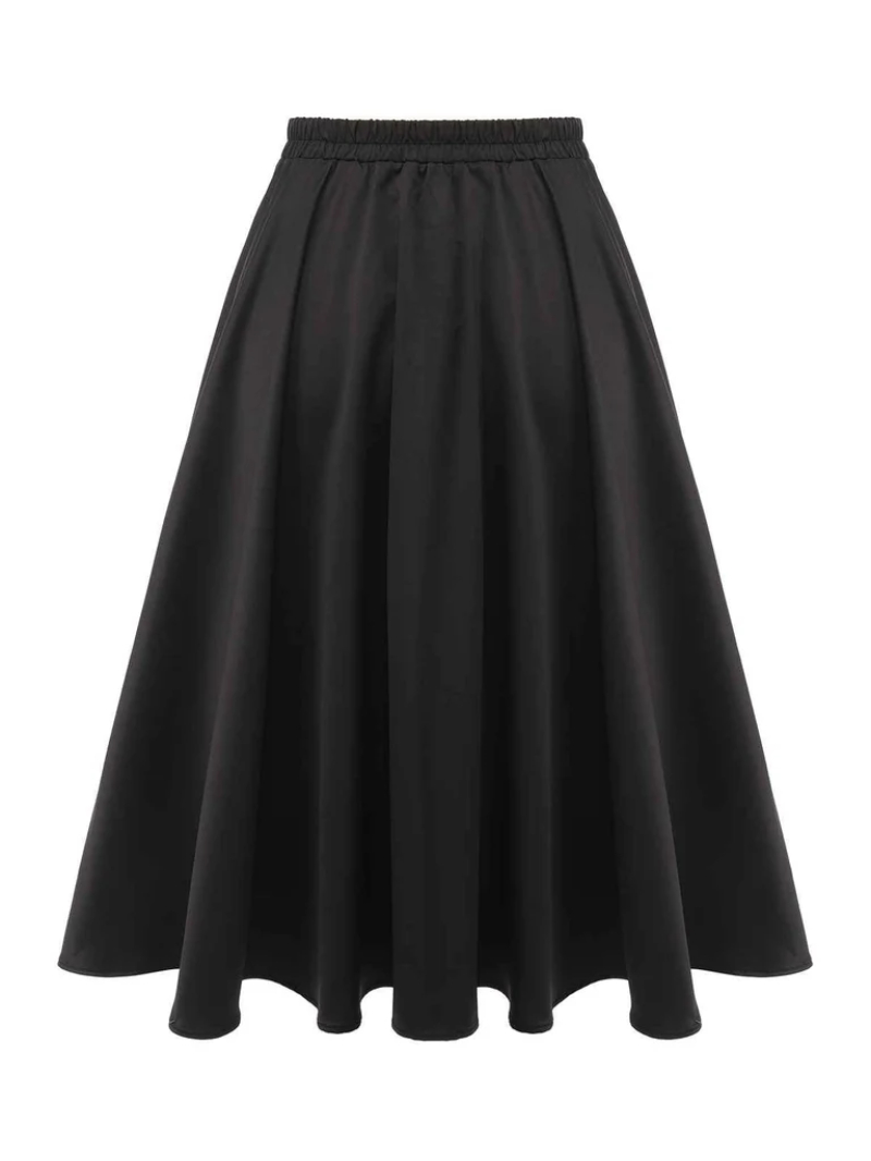 BLACK 1950S SOLID ELASTIC WAIST PLEATED SKIRT