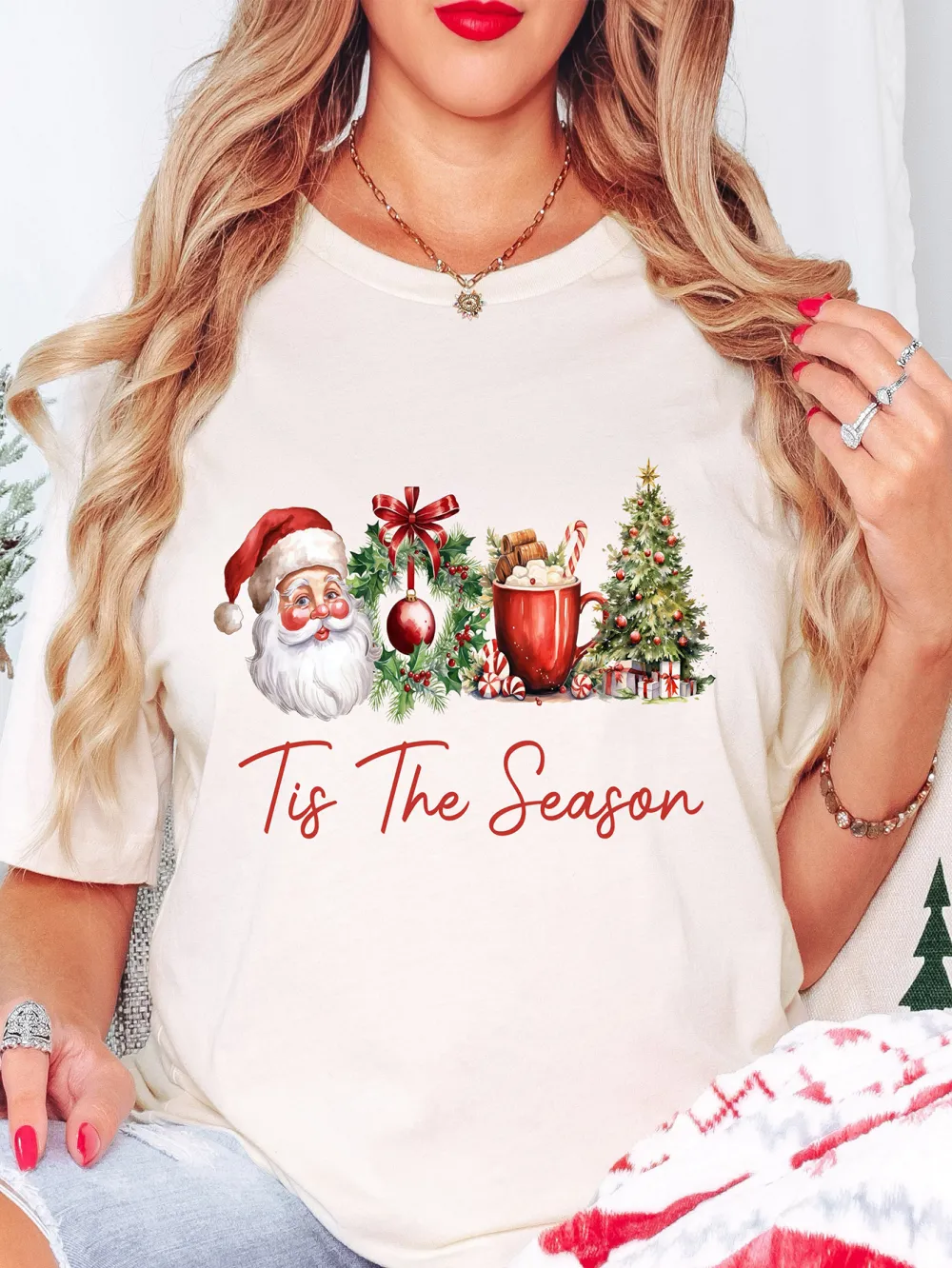 Vintage Christmas print Women's fashion crew neck short sleeve T-shirt