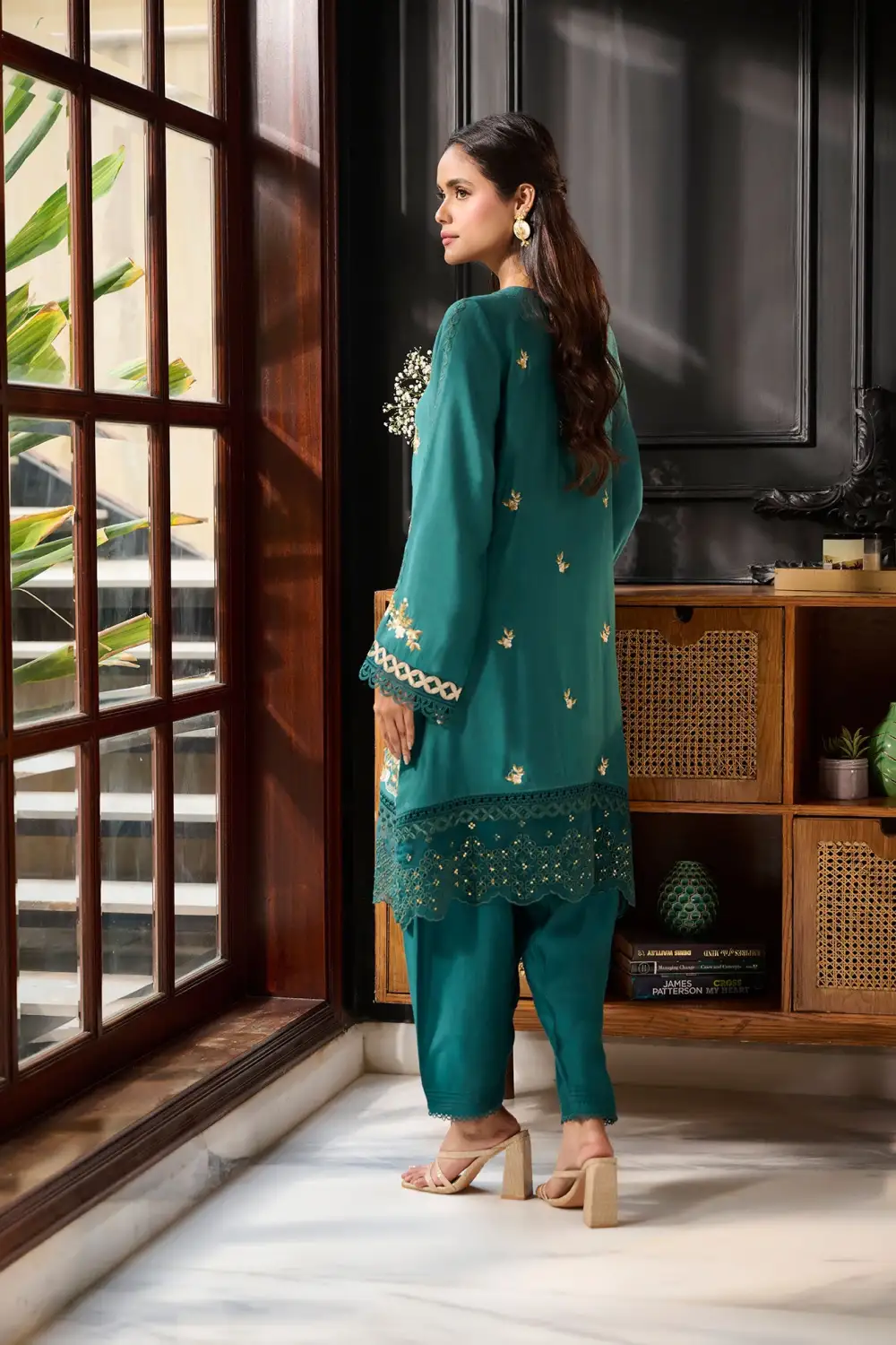 DARK GREEN 3PCS  EMBROIDERED KURTA WITH TROUSER