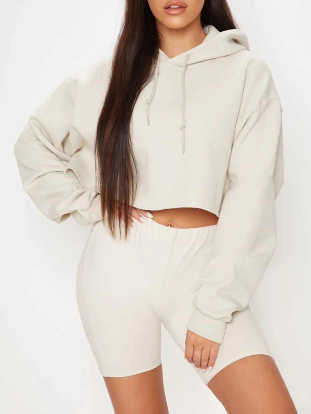 Sand Oversized Fit Cropped Sweat Hoodie