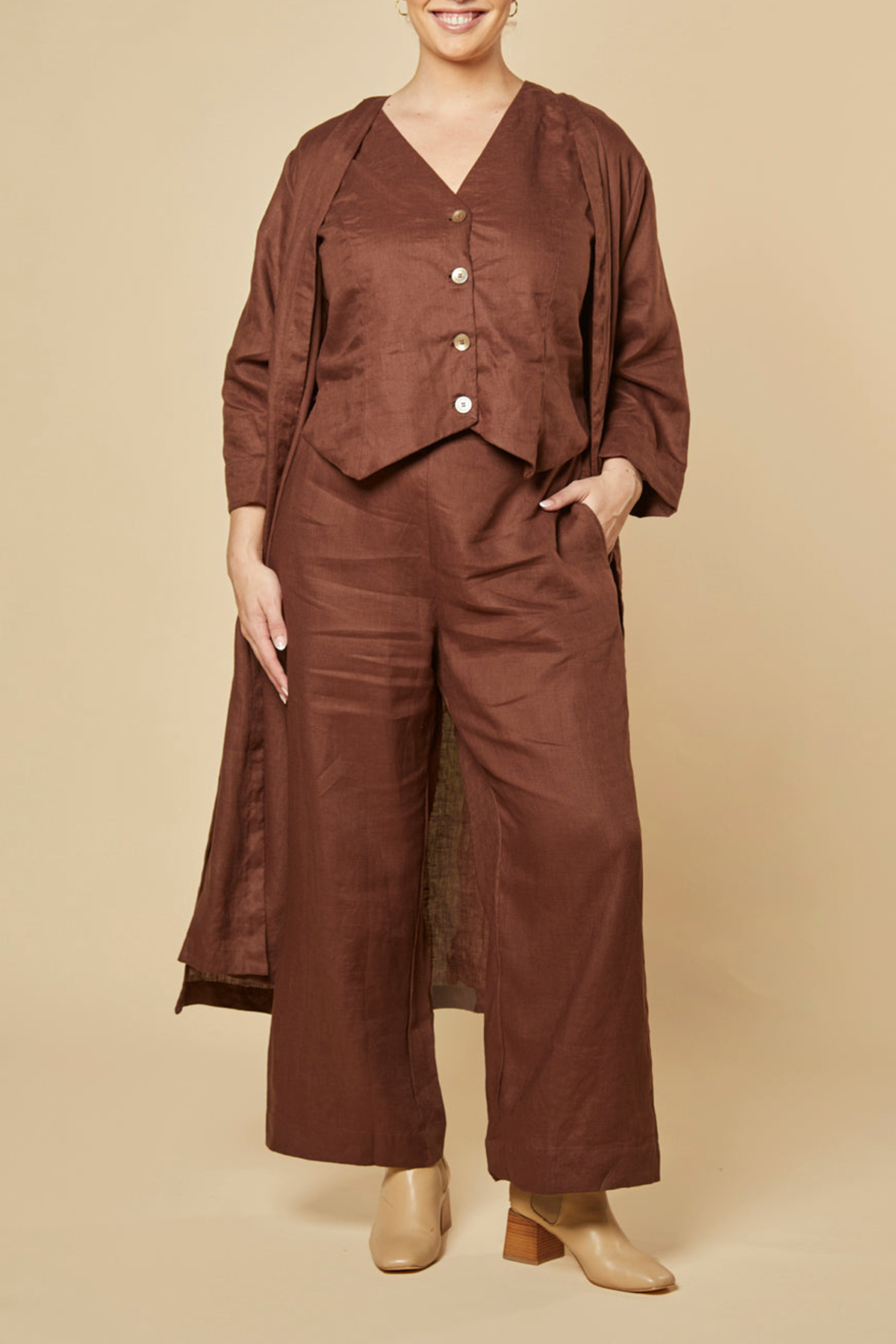 Long Line Linen Duster Jacket In Raisin