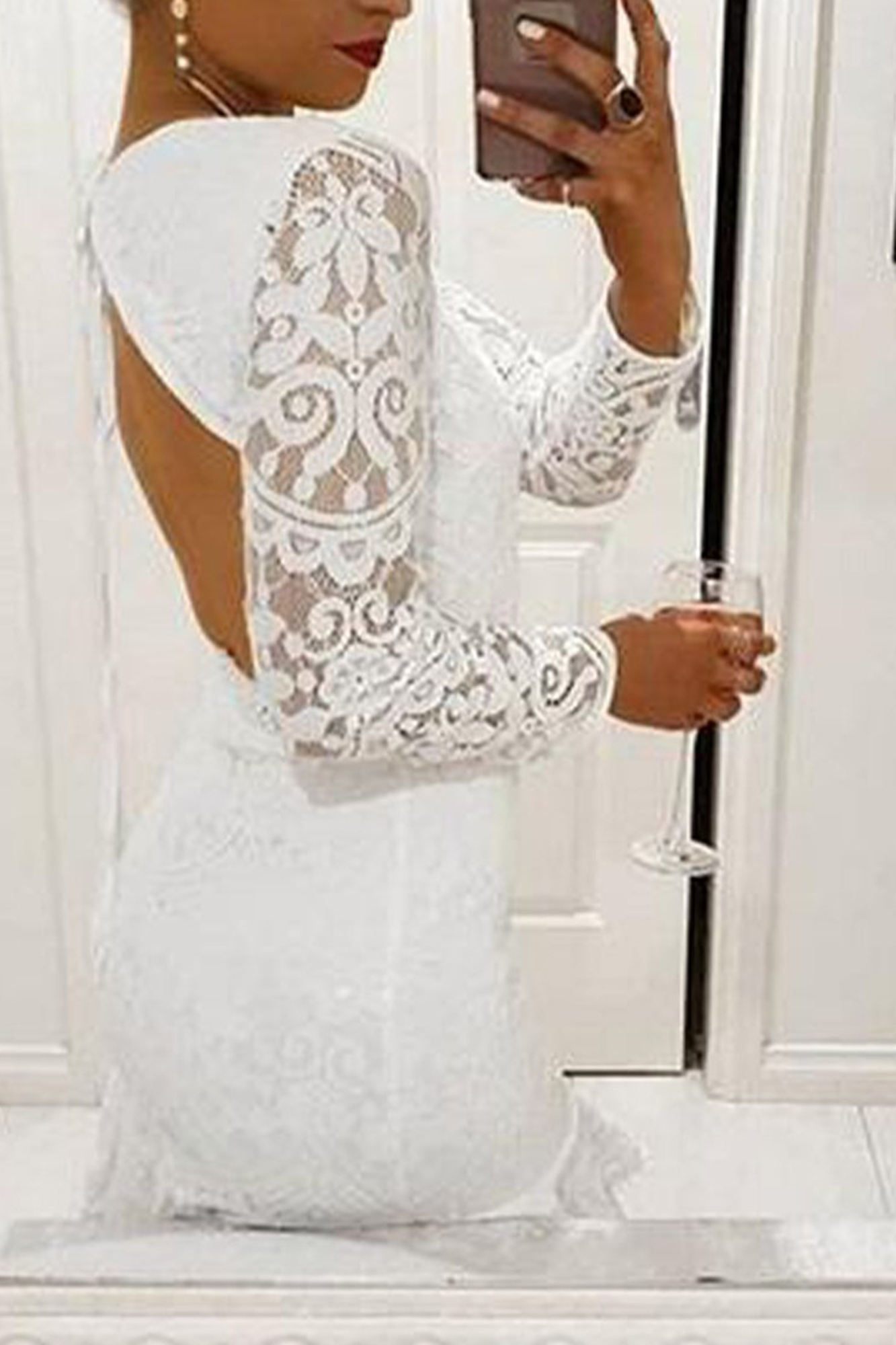 White Long Lace Sleeve High Neck Party Dress