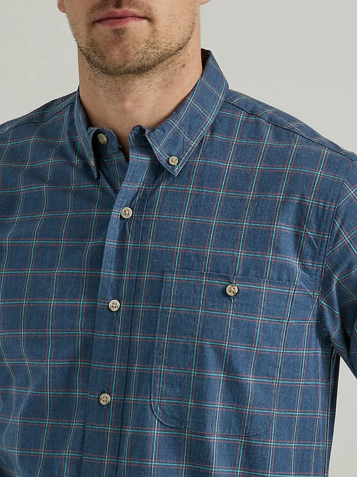 WRANGLER RUGGED WEAR® LONG SLEEVE WRINKLE RESIST PLAID BUTTON-DOWN SHIRT IN TEAL NAVY