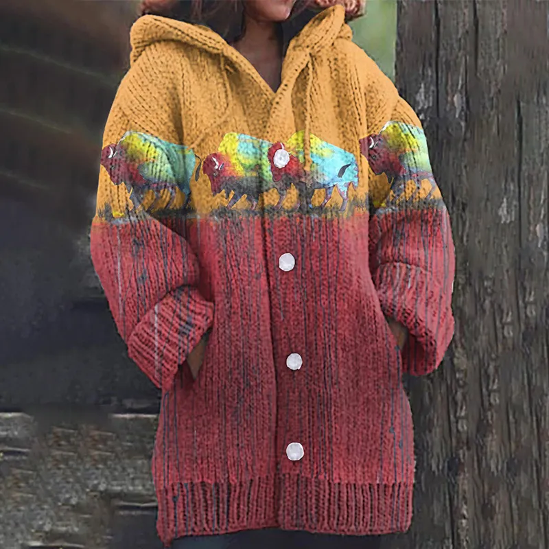 Women'S Vintage Western Bison Pattern Knitted Hooded Cardigan Sweater