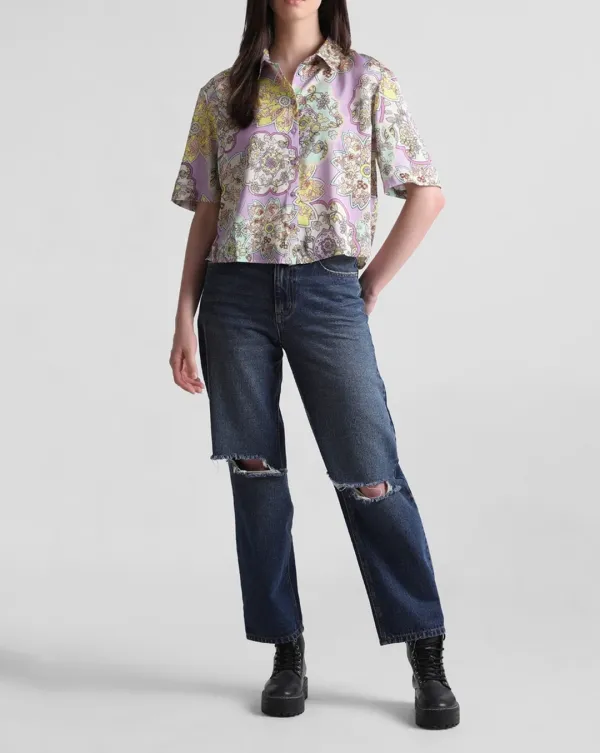 Lavender Floral Print Satin Shirt