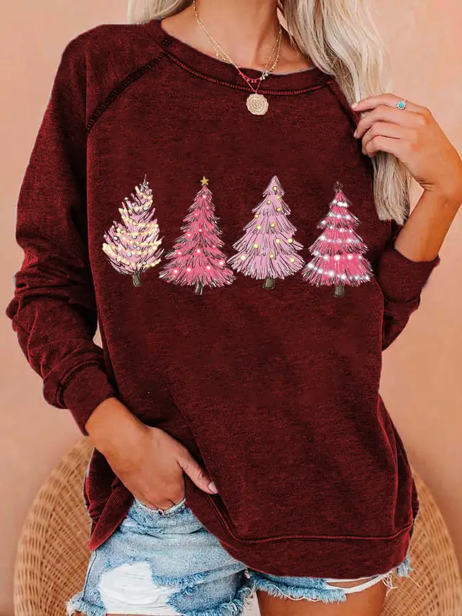 Women's Pink Christmas Tree Print Sweatshirt