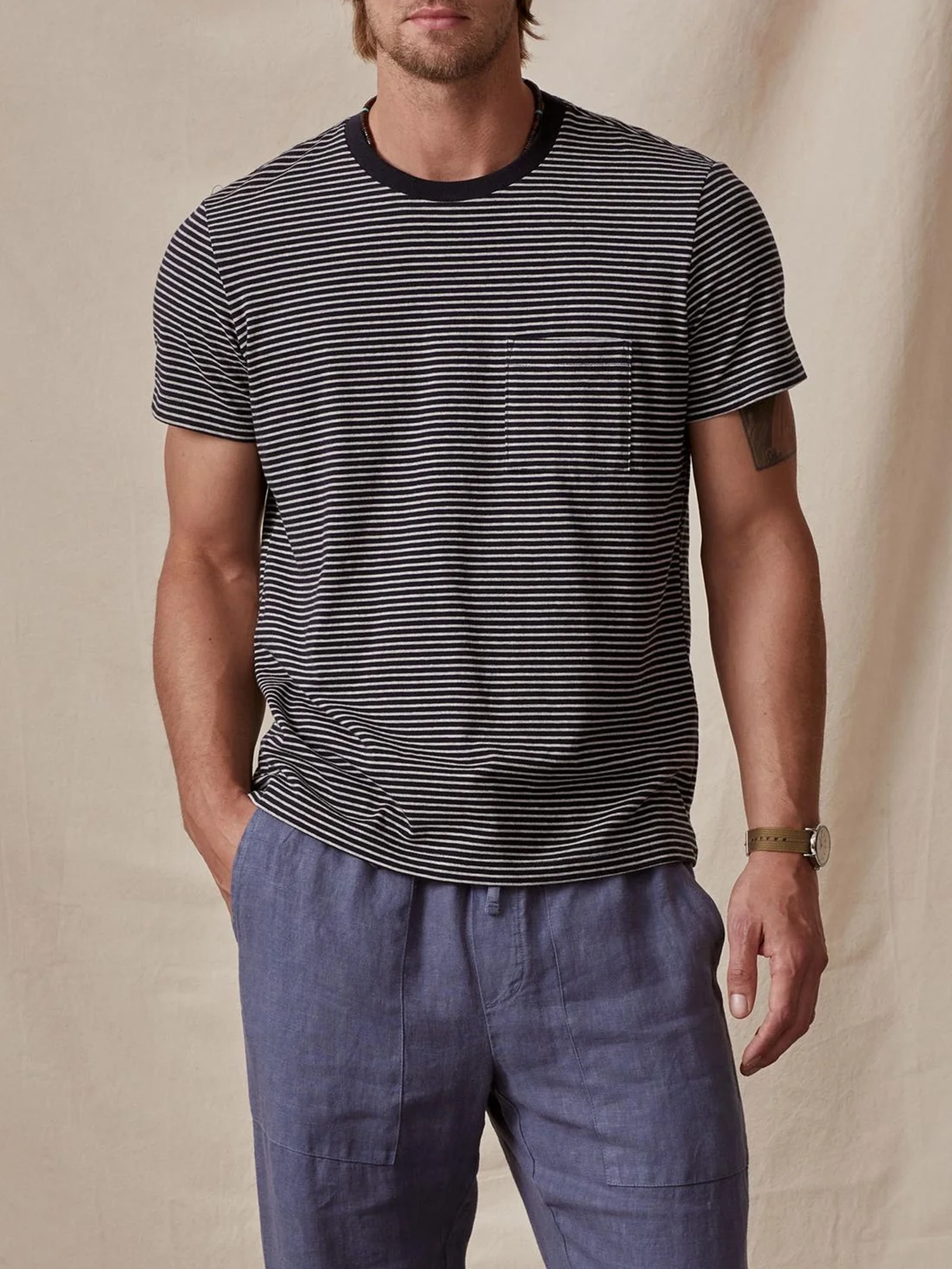 Men'S Fashionable Round Neck Cotton Striped T-Shirt