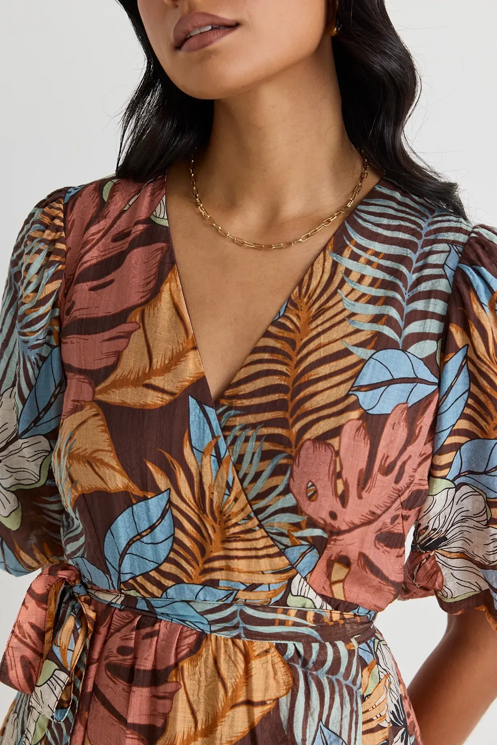 Ocean Tropical Chocolate Print SS Wrap Midi Dress