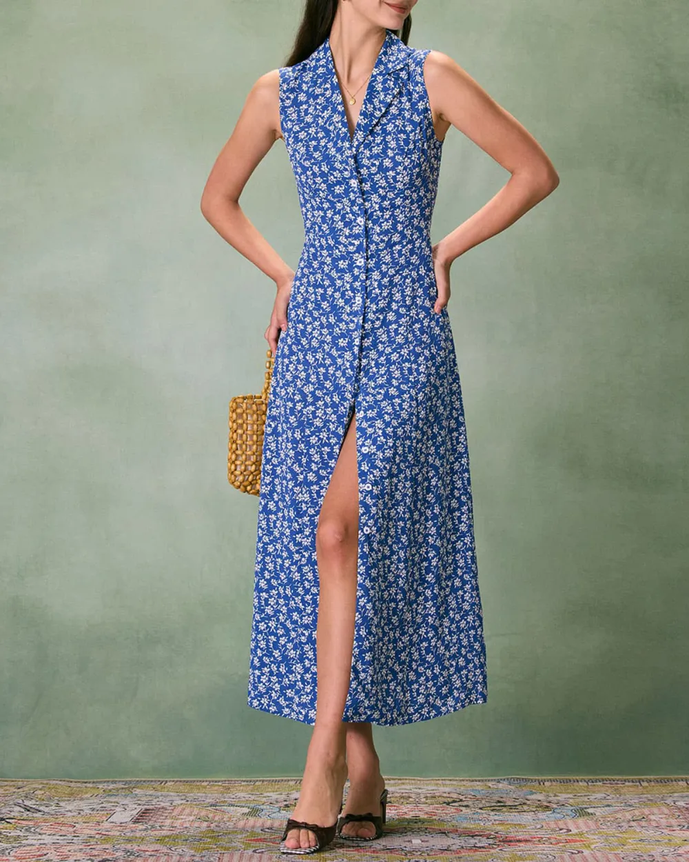 Lapel Blue Floral Dress