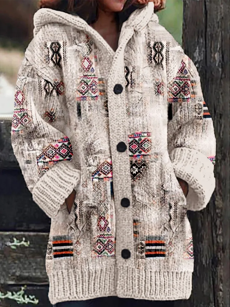 Vintage Western Ethnic Pattern Cozy Hooded Cardigan