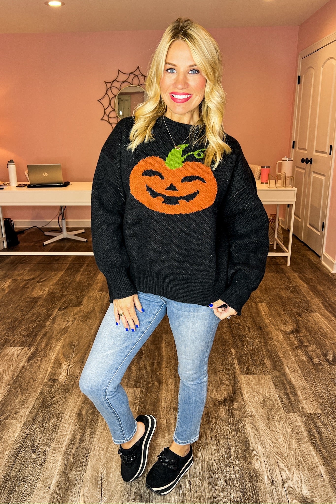 Black & Orange Blended Knit Jack-O-Lantern Sweater