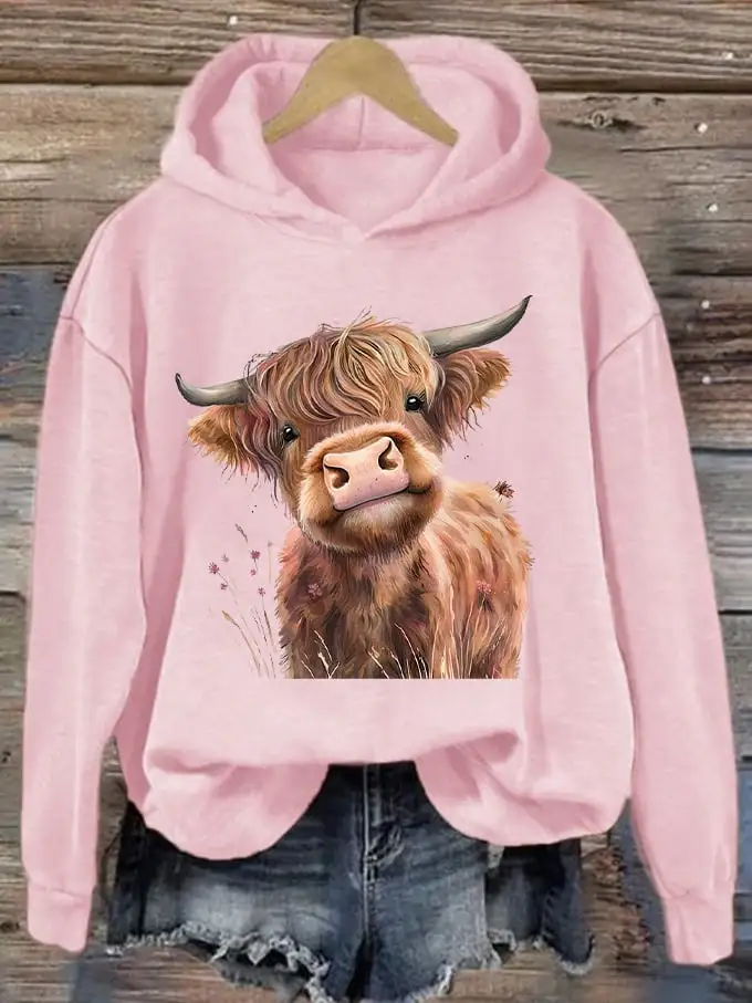 🔥Buy 3 Get 10% Off🔥🔥Buy 3 Get 10% Off🔥Women's Western F Highland Cow Printed Hooded Sweatshirt