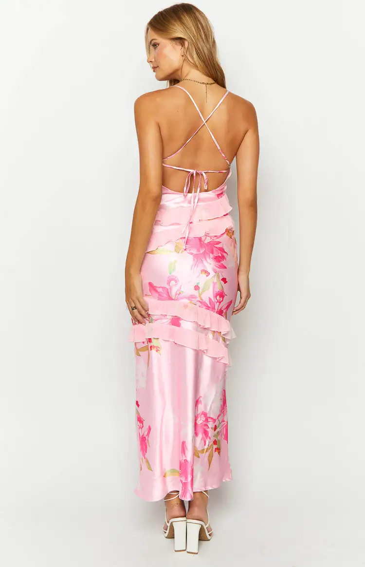 Inara Pink Floral Print Ruffle Maxi Dress