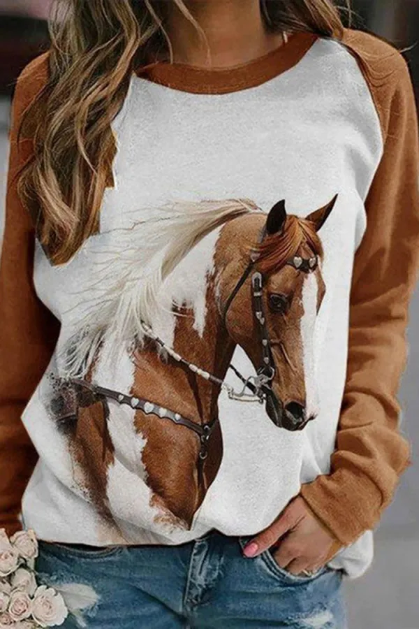 Western Horse Print Panel Crewneck Sweatshirt