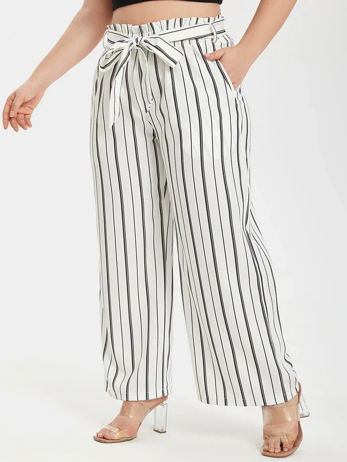 Stripe Wide Leg Belted Pants