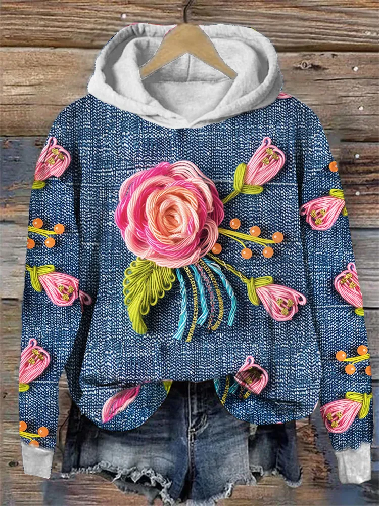 Knit Floral Denim Casual Hooded Sweatshirt