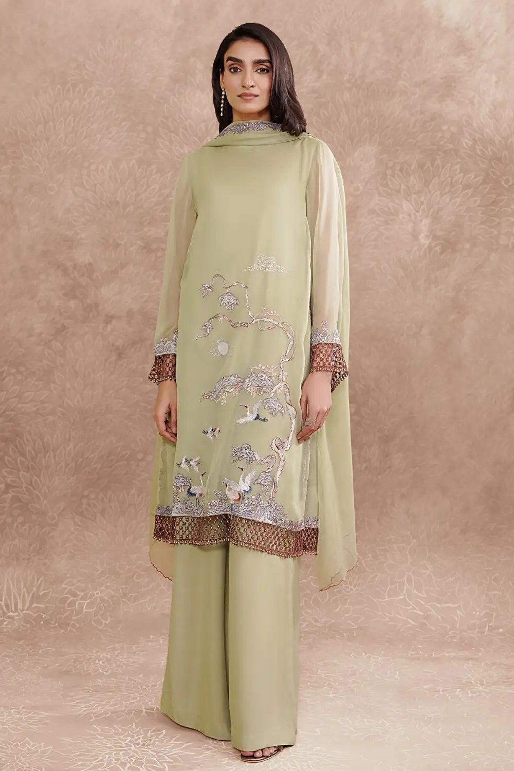 2 Pcs Embroidered Pure Chiffon Suit with Laces