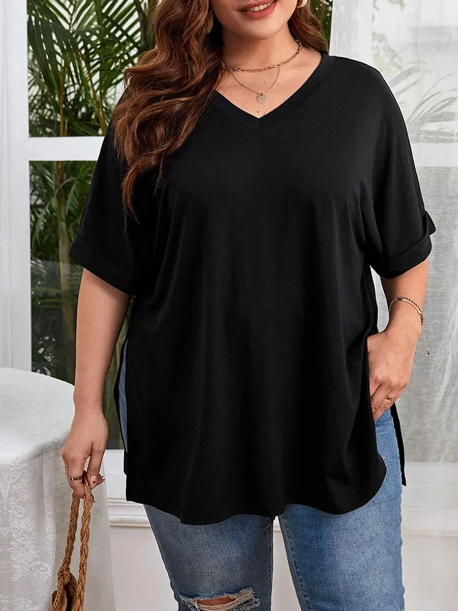 V Neck Cuffed Dolman Sleeve Split Hem Tee