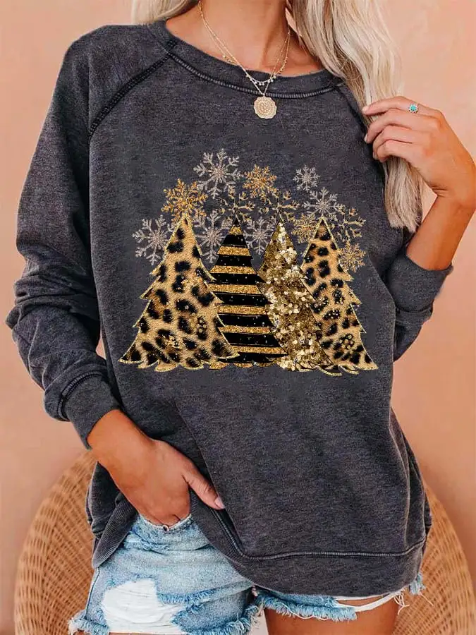 Women's Leopard Christmas Tree Print Casual Sweatshirt