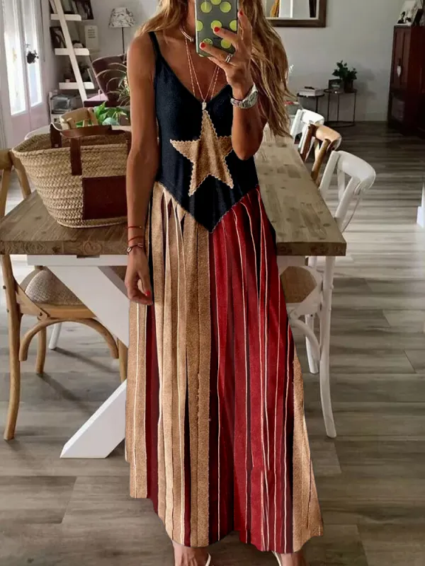 Vintage USA Stars and Stripes Fringe Inspired Cami Maxi Dress