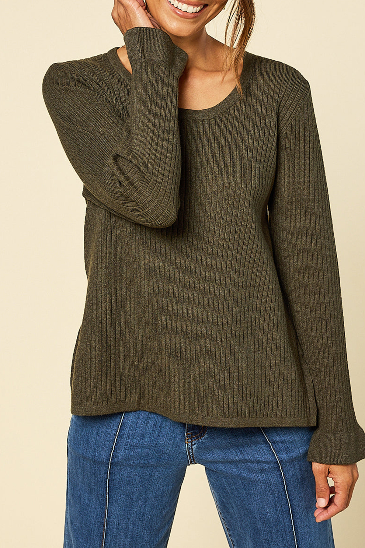 Long Sleeve Knitted Top In Khaki