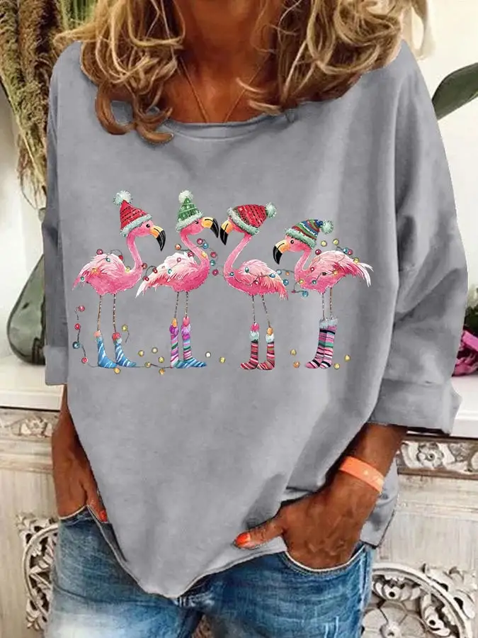 Women's Christmas Flamingo Holiday Print Casual Sweatshirt