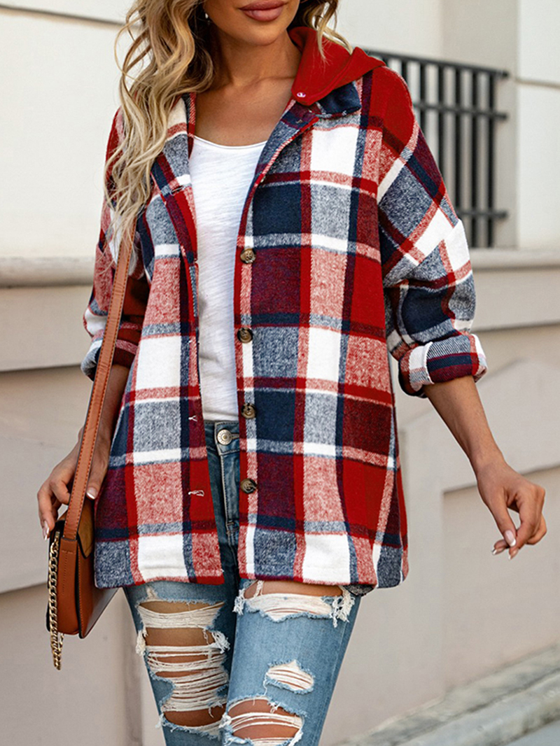 Fiery Red Hooded Plaid Button Front Shacket