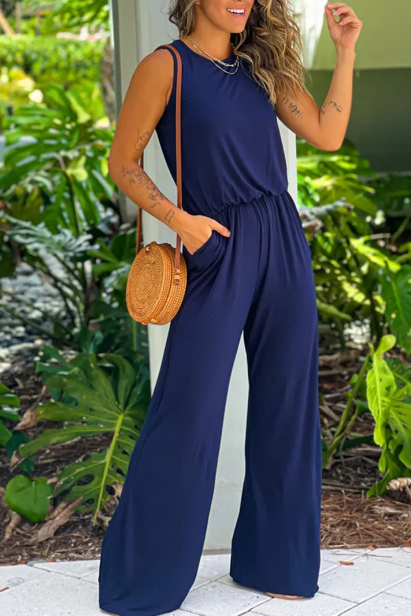 Navy Sleeveless Jumpsuit With Pockets