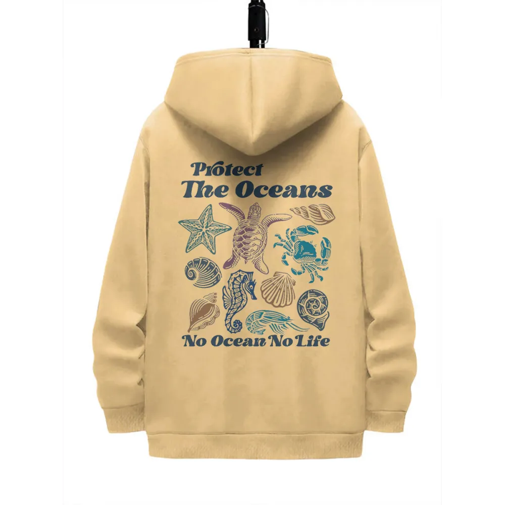 NO OCEAN NO LIFE PATTERN PRINTED HOODIE