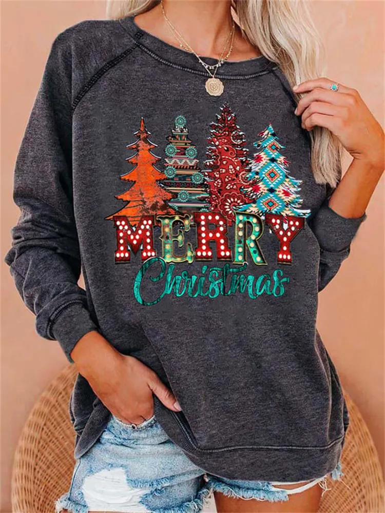 Western Merry Christmas Trees Print Sweatshirt