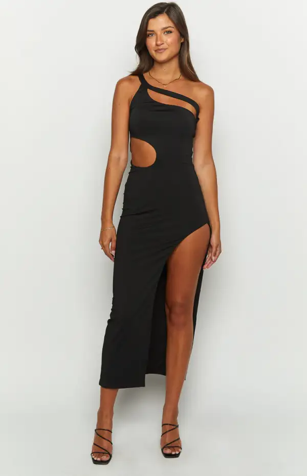 Natalia Black One Shoulder Midi Dress