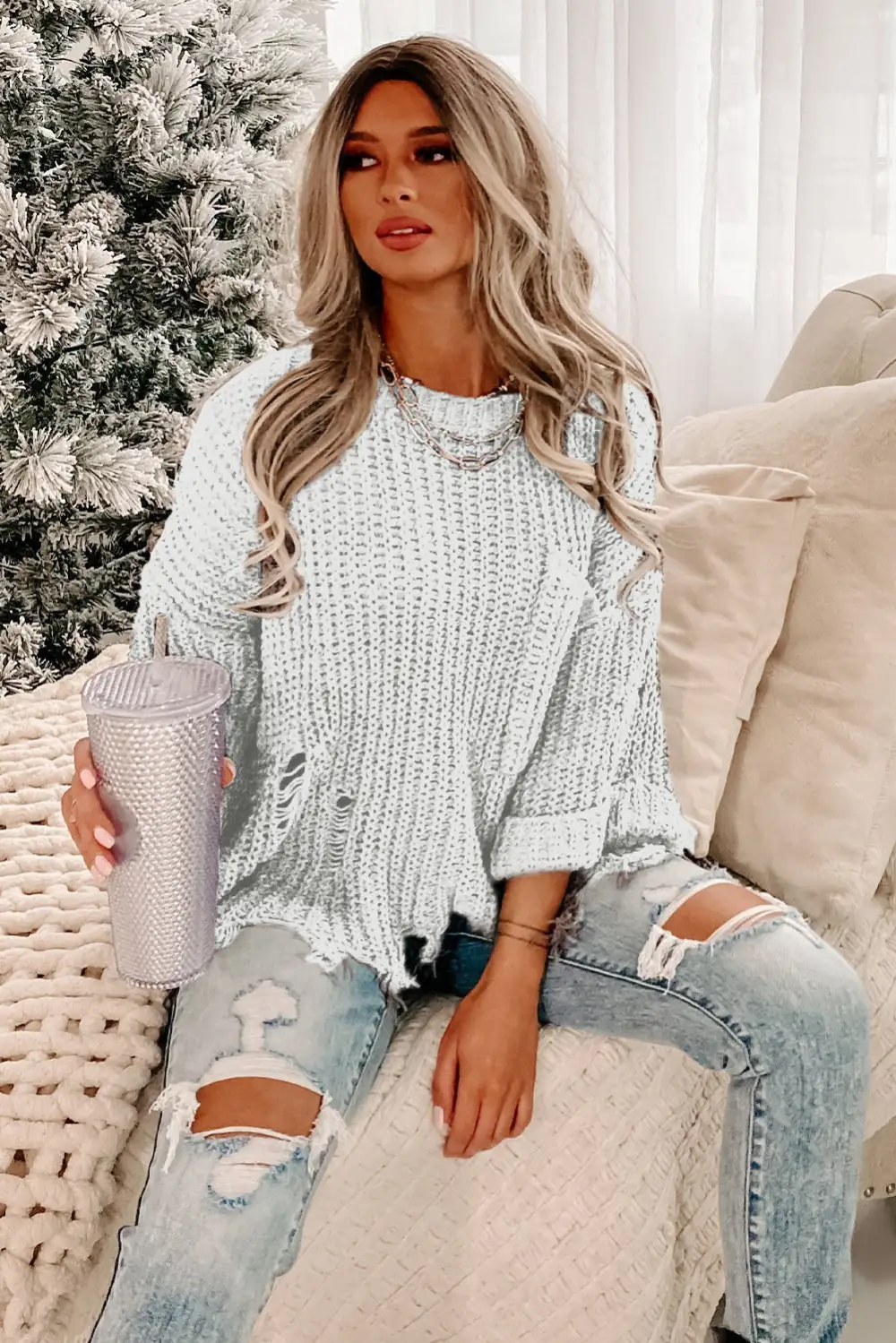 Ripped Raw Hem Chunky Pullover Sweater