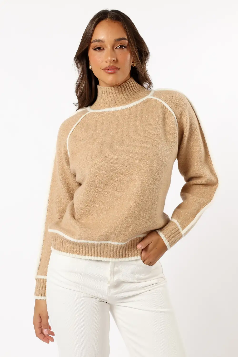 Rylee Contrast Hem Knit Sweater - Camel