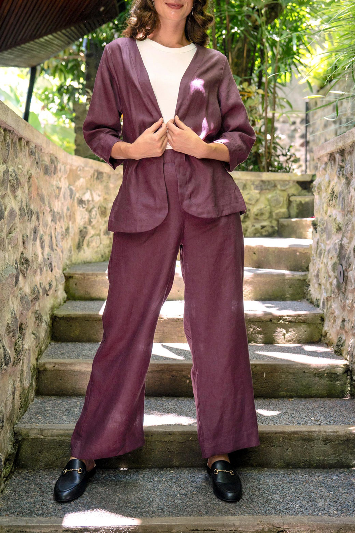 Short Linen Duster Jacket In Plum