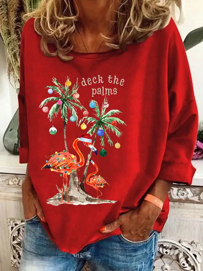 Women's Christmas Deck The Palms Print Casual Sweatshirt