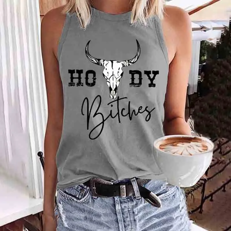 Western Howdy Bitches Bull Skull Tank Top