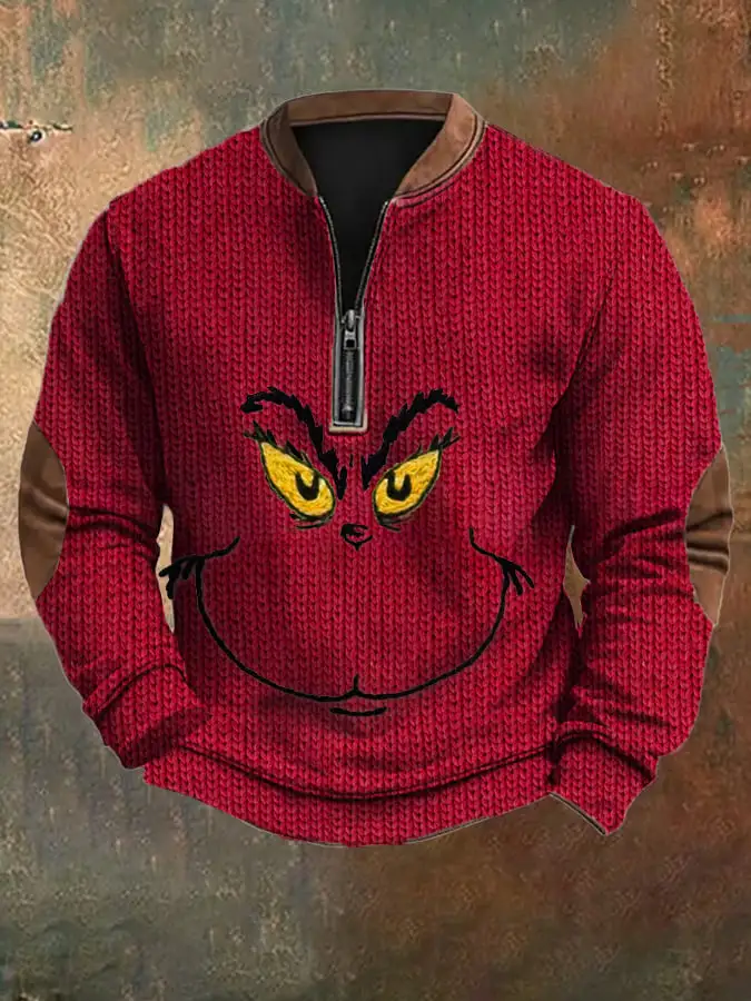 Men's Woolen Christmas Print Zip-Up Sweatshirt