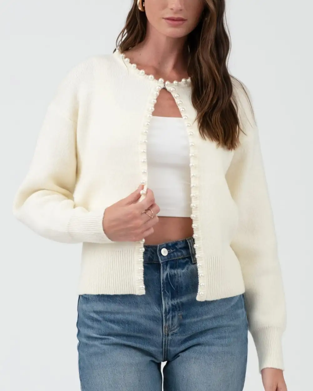 Pearl Trim Knit Cardigan - Cream