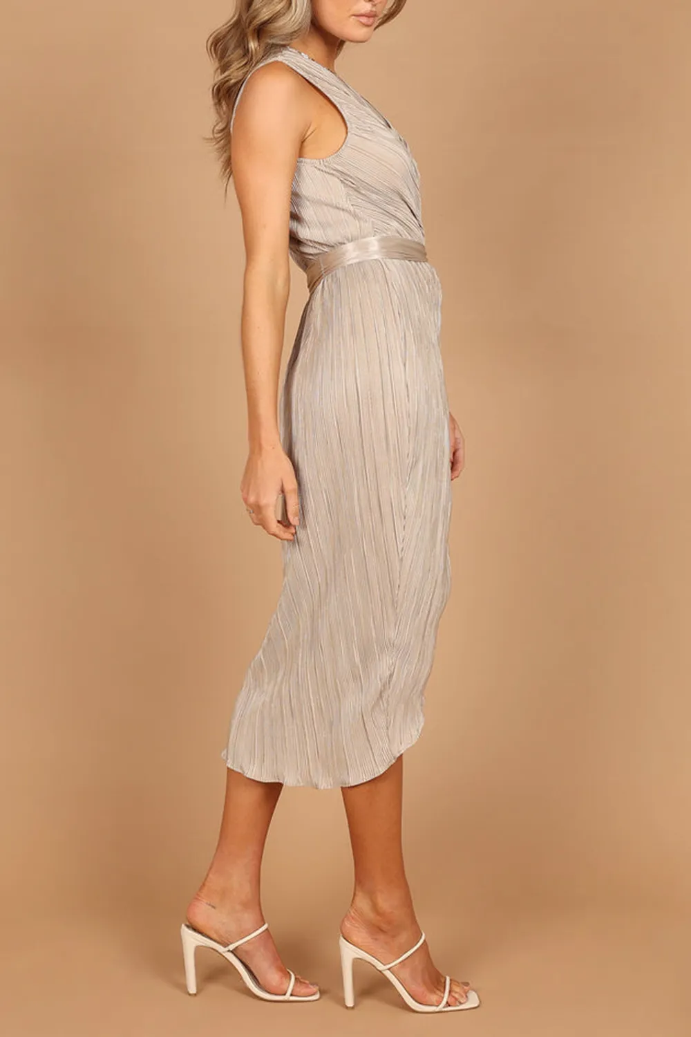 POITRE PLEATED WRAP MIDI DRESS - CHAMPAGNE