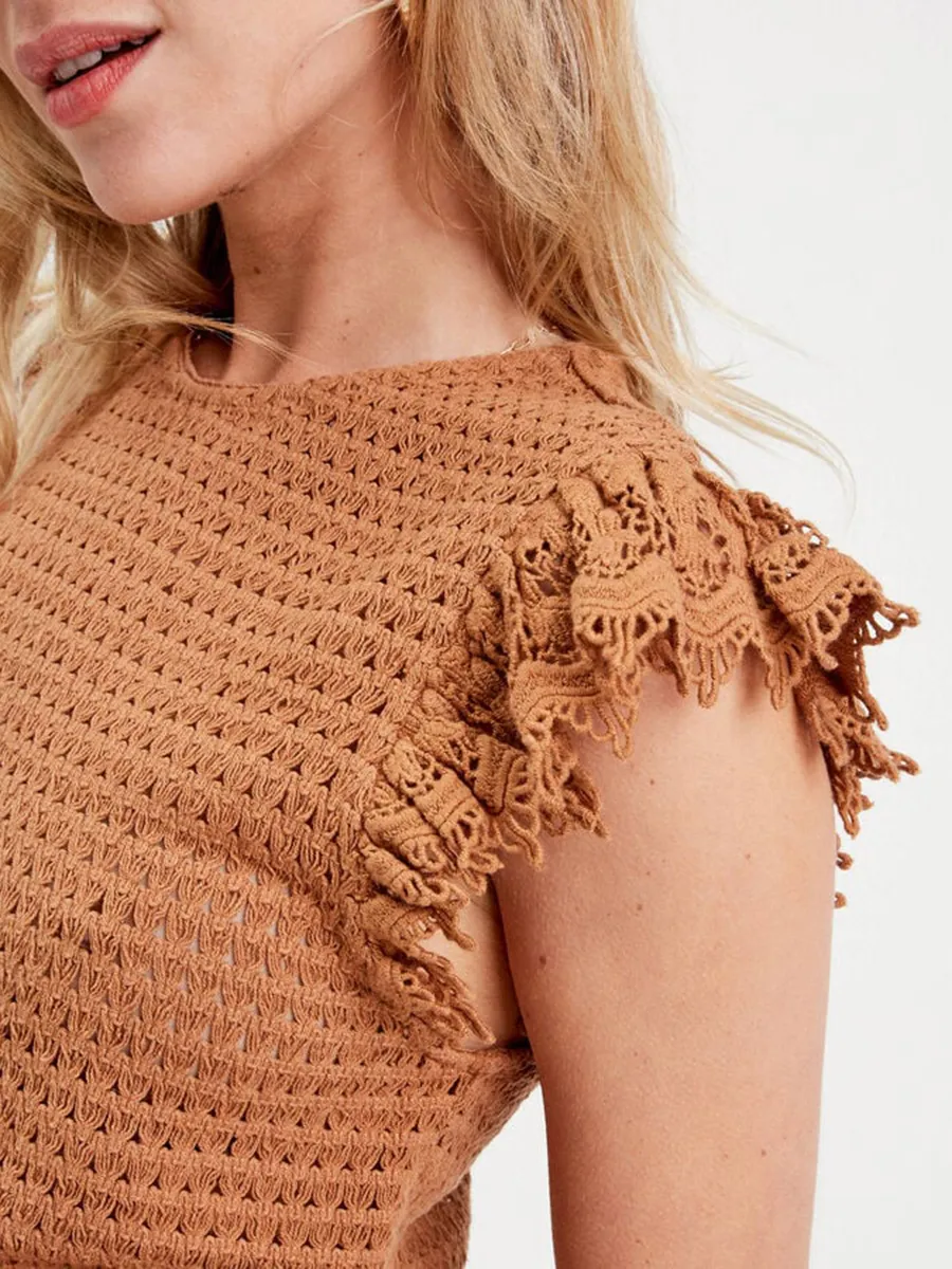 T-shirt crochet col rond beige femme