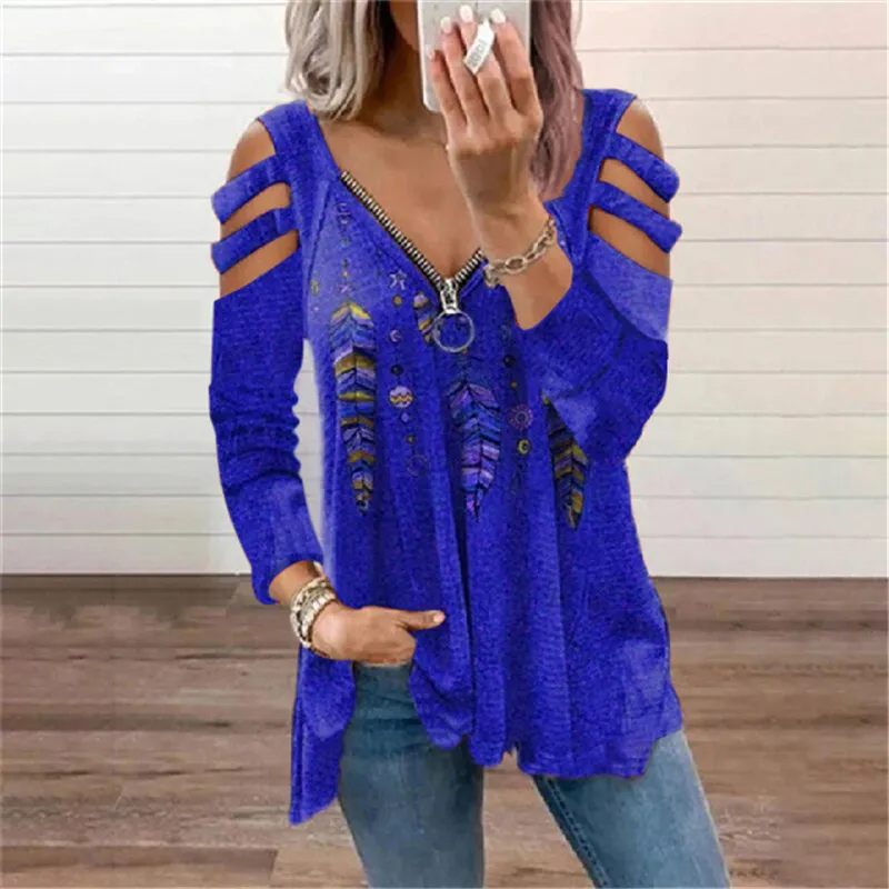 Casual Feather Print Cutout Long Sleeve T-Shirt