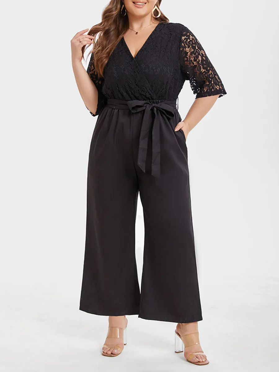 Contrast Lace Pocket Belted Jumpsuit