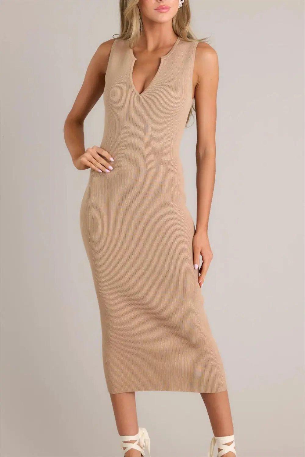 MIDNIGHT MAJESTY LIGHT BROWN RIBBED BODYCON DRESS