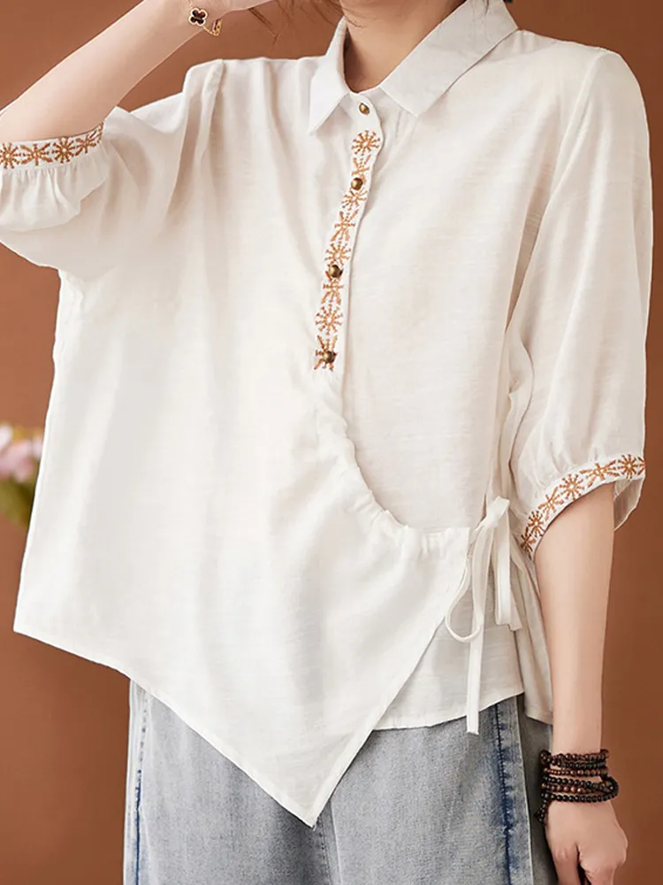 Women's Casual Retro Ethnic Style Embroidered Cotton Design Shirt