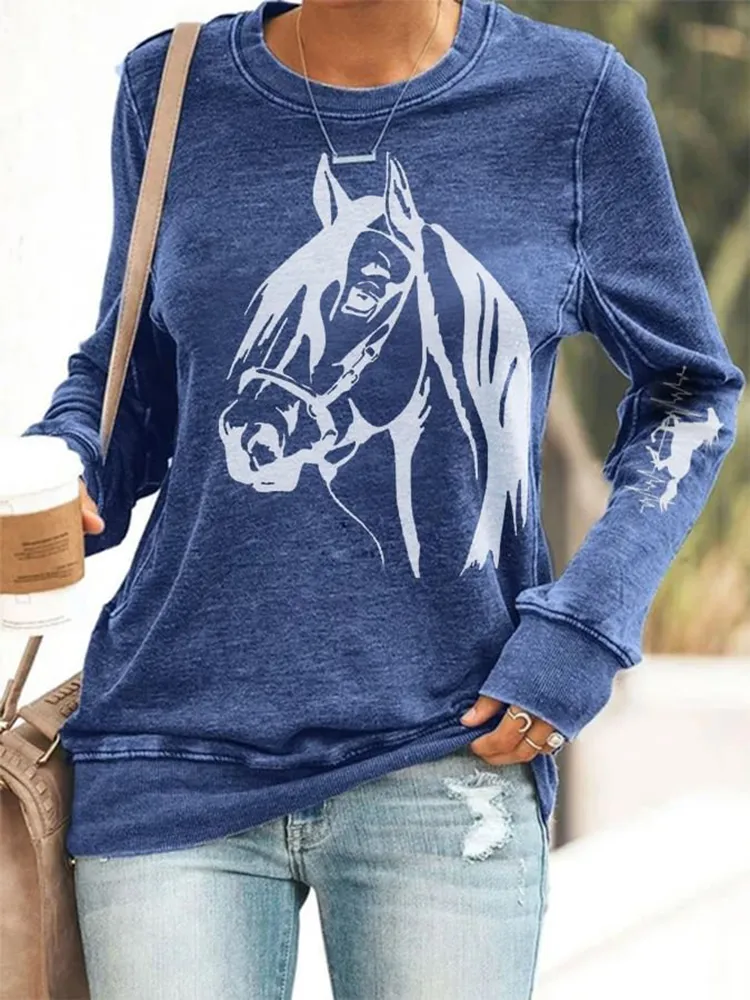 Women's Retro Casual Horse Print Sweatshirt