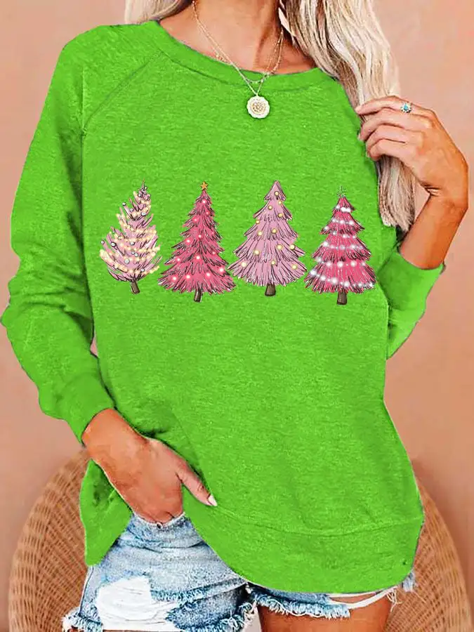 Women's Pink Christmas Tree Print Sweatshirt