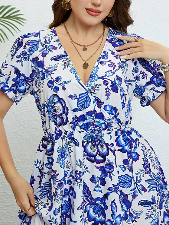 Plus Blue Floral Puff Sleeve Ruffle Hem Elastic Waist Midi Dress