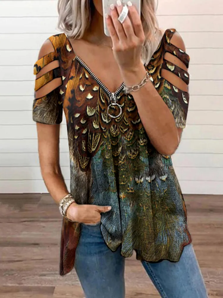 Weatern Feather Printed Zipper Casual T-Shirt